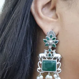 SIVA BY ANIKA Brass-Plated Stones Studded and Beaded Oxidised Animal Shaped Drop Earrings image 3