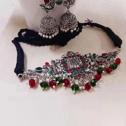 PUJVI Silver-Plated Stone-Studded & Beaded Jewellery Set-image-6
