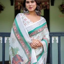 all about you Floral Printed Zari Pure Linen Saree image 4
