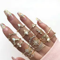 TheVineGirl Set Of 17 Gold-Plated American Diamond-Studded Finger Rings-picture-38