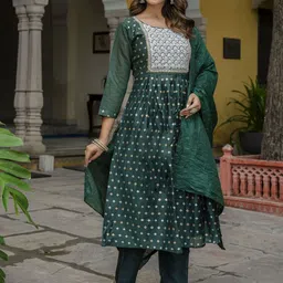 VredeVogel Women Floral Embroidered Regular Chanderi Silk Kurta with Trousers & With Dupatta-picture-36