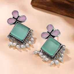 Yellow Chimes Silver Plated Artificial Stones and Beads Oxidised Drop Earrings-picture-16