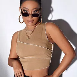 Outzidr Women Khaki Ribbed Sleeveless Crop Top image 4