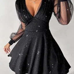 KPOP Women Embellished Gathered or Pleated Plunge Neck Cuffed Sleeves Fit & Flare Dress-image-6