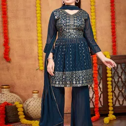 Sangria Girls Floral Embroidered Sequinned A-Line Kurta With Sharara & Dupatta-picture-19