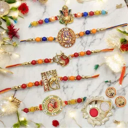 MEIRA JEWELLERY Set Of 5 Beaded Ganesha Rakhi Comes with Roli Chawal & Greeting Card-picture-39