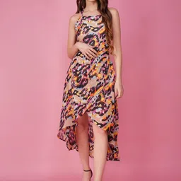 HERE&NOW Printed Halter Neck Georgette A-Line Midi Dress-picture-13