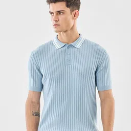 Snitch Blue Polo Collar Slim Fit Ribbed T-shirt image 2