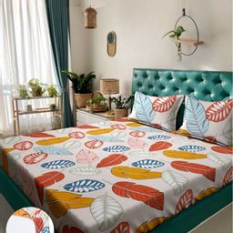 Arrabi Cream-Coloured & Orange Floral 300 TC King Bedsheet with 2 Pillow Covers-picture-39