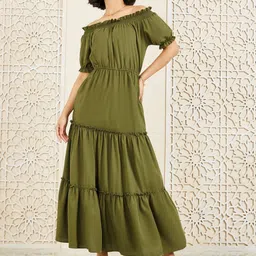 Styli Women Off-Shoulder Puff Sleeve Tiered Fit & Flare Maxi Dress-picture-30