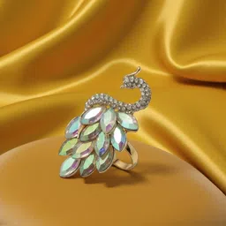 ANIKAS CREATION Gold-Plated Stone-Studded Adjustable Peacock Finger Ring-image-73