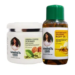 THE SOUMI'S CAN PRODUCT Green Coffee Scrubber Kasturi Haldi & Grapeseed Body Oil- 600ML image 1