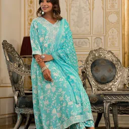 Juniper Floral Printed V-Neck Thread Work Liva A-Line Kurta With Trousers & Dupatta image 3