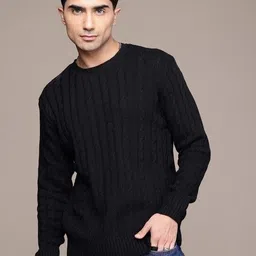 roadster Men Self Design Crew Neck Black Sweater-picture-11