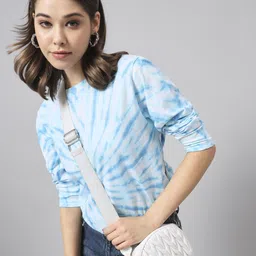the dry state Women Tie & Dye Round Neck Pure Cotton Light Blue, White T-Shirt-picture-17