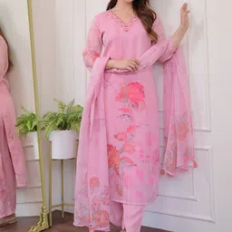 PARNAVI Women Floral Embroidered Regular Thread Work Kurta with Trousers & With Dupatta image 2