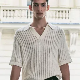 H&M Self Striped Polo Collar Drop-Shoulder Sleeves Oversized T-shirt-picture-35