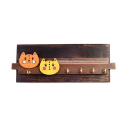 AAKRITI ART CREATIONS Brown & Yellow Wood Meow Key Hanger With Cat Motifs-picture-13