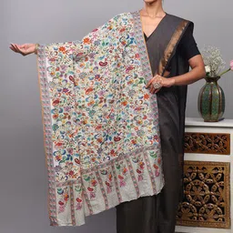 Exotic India Aari Embroidered Kalamkari Wool Silk Shawl With Printed Flowers & Paisley-picture-15