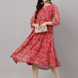 Janasya Women's Dark Pink Chiffon Lurex Floral Printed Flared Dress-image-88