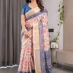 ALMAARI FASHION Floral Printed Pure Cotton Kanjeevaram Saree And Unstitched Blouse image 4