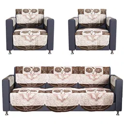 Kuber Industries Brown & White 16 Pcs Floral Printed Cotton 5 Seater Sofa Cover With Arms image 4