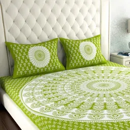 DGSM CRAFT Green & Multicoloured Ethnic Motifs 144 TC Queen Bedsheet with 2 Pillow Covers-picture-29