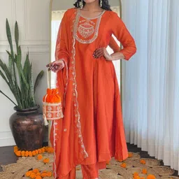 ROZLAND Women Ethnic Motifs Embroidered Regular Mirror Work Kurta with Trousers & With Dupatta image 5