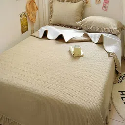 JC HOME 3Pcs Khaki & White Solid Double King Bed Covers image 3