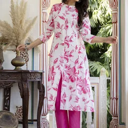 Pistaa Floral Printed Mandarin Collar Pure Cotton Kurta With Trousers image 2