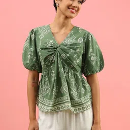 LIMEROAD Print Puff Sleeve Twisted Ethnic Cotton Peplum Top image 5