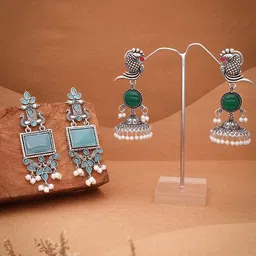 Anouk Set Of 2 Silver-Plated Artificial Stones and Beaded Contemporary Drop Earrings-image-83