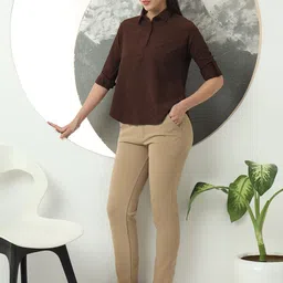 FITHUB Women Shirt Collared Roll-Up Sleeves Shirt Style Top image 3