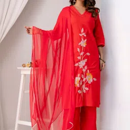 Anouk Women Floral Embroidered Regular Thread Work Pure Cotton Kurta Palazzos & Dupatta-picture-22