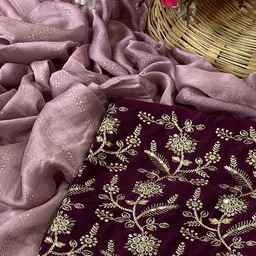 Peachmode Woven Design Embroidered Pure Chiffon Saree image 4