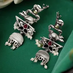 VYRA Silver-Plated Artificial Stones Studded & Beaded Dome Shaped Jhumkas image 4