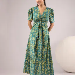 JISORA Women Printed V-Neck Puff Sleeve Maxi Dress-picture-10
