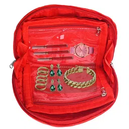 Kuber Industries Red & Gold Toned 2 Pieces Cotton Jewellery Kit Organiser With 4 Pouches image 4