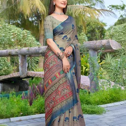 PHEASANT Floral Printed Pure Linen Saree image 3