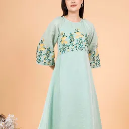 Saffron Threads Women Floral Embroidered Round Neck Flared Sleeve A-Line Dress-image-16