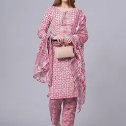 OH MI DIOS Floral Printed Tie-up Neck Pure Cotton Straight Kurta With Trouser & Dupatta image 3