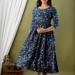 FASHION CLOUD Women Blue Color Floral Printed Pure Cotton Maternity A-Line Kurti image 5