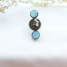 PUTSTYLE Sliver Plated Artificial Stones Studded & Beaded Oxidised Finger Ring image 2