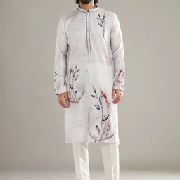 KALKI Fashion Men Floral Printed Regular Linen Kurta with Trousers image 3
