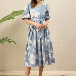 R.Code by The Roadster Life Co. Floral Print Puff Sleeve Fit & Flare Midi Dress-picture-10