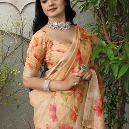 Mitera Floral Printed Zari Saree With Unstitched Blouse image 4