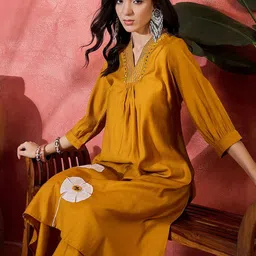 Sangria Floral Embroidered V-Neck Mirror Work A-Line Kurta With Palazzo image 3