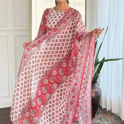 Navlik Floral Printed Boat Neck A-line Kurta With Trousers & Dupatta image 3