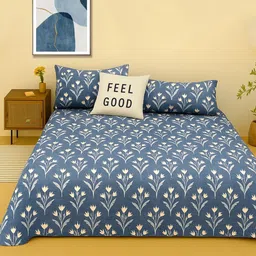 WEAVE AND DECOR Blue Floral Printed 300 TC Pure Cotton Queen Bedsheet Set - 2.2 m x 2.2 m-image-12