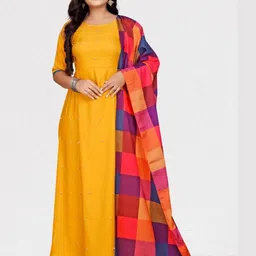 MAHUDI Women Yellow Round Neck Sequins Embellished Viscose Rayon Anarkali Kurta-picture-32